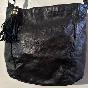 1980s Vintage Embossed Genuine Black Leather Crossbody Messenger Purse Bag